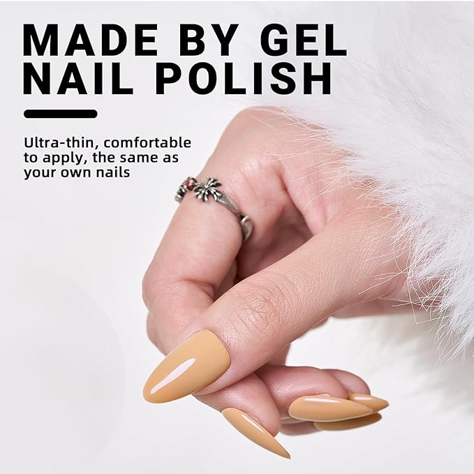 Wooyas Press on Nails Almond，Medium Glossy Handmade Gel Fake Nails Color，Reusable Salon Perfect Press on Nails in 12 Sizes - 24 Pcs Soft Gel Glue On Nails Kit，Apricot Peach Color