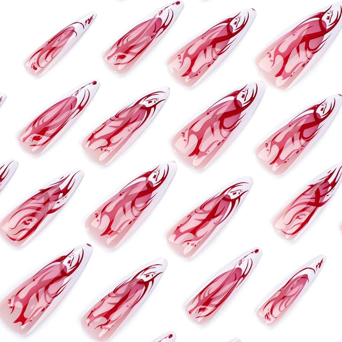 IMRAIN French Tips Press on Nails Long Stiletto Fake Nails Glossy Full Cover Acrylic Red Totem Artificial False Nails Gel Halloween Stick on Nails for Women 24Pcs