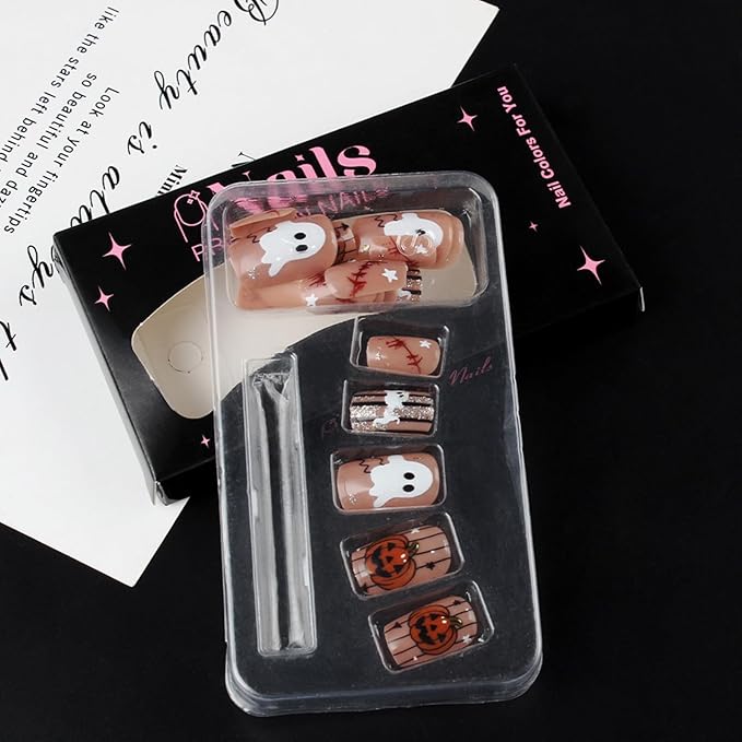 Halloween Press on Nails Medium Square Pumpkin Fake Nails Glitter False Nail with Cute Ghost Designs Glossy Glue on Nails Blood Scar Star Acrylic Nail Holiday Manicure for Women 24Pcs