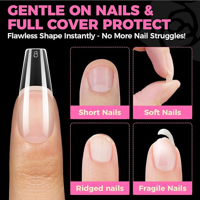 UNA GELLA Long Coffin Nail Tips, 504pcs Pre-Shape Fake Nails Half Matte Full Cover Acrylic Gel Nail Tips Clear Long Coffin Press On Nails Home DIY Extension 12 Sizes Gelly Tips