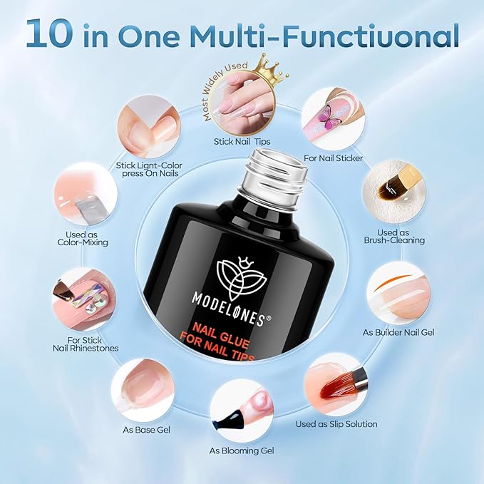modelones 10 in One Gel Nail Glue Brush On Nail Glue 15 ml for Tips, Rhinestones, Base Coat, Blooming Art Gel Kit for Press on Nails Acrylic tips U V Lamp Needed 2Pcs