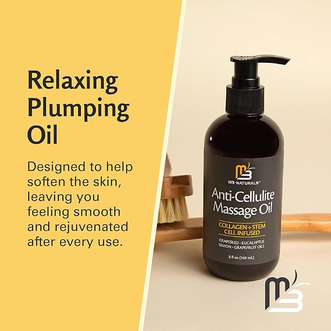 M3 Naturals Firming Body Massage Oil with Collagen & Stem Cell – Helps Smooth The Appearance of Cellulite & Improve Skin Texture – Refreshing Aromatherapy Body Oil for Legs & Full Body – 8 Fl Oz