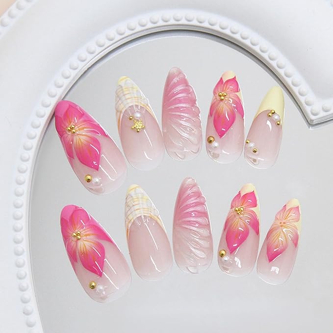 24Pcs Pink Flower Press on Nails Medium Almond Fake Nails 3D Floral Shell Pattern Acrylic Nail Gold Starfish Pearl French Tip Glue on Nails Summer False Nail Tips for Women Manicure Kit