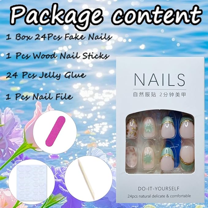 24Pcs Short Almond Press on Nails Green French Tip Fake Nails Chrome Line Leaves Designs Glossy Acrylic Nails 3D Gold Flower Nails Artificial Oval Almond Nail Tips False Nails Glue on Nails for Women