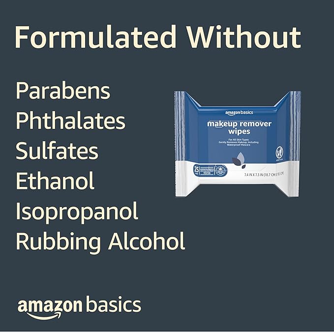 Amazon Basics Make Up Remover Wipes, Original, 25 Count, Pack of 6 (Previously Solimo)