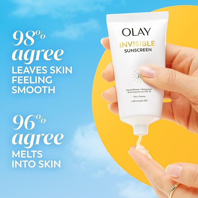 Olay Invisible Sunscreen, SPF 35, 100% Invisible Facial Sunscreen and Makeup Primer - Fragrance-Free, Weightless, No White Cast Broad Spectrum Sun Protection with Vitamin C & E, Aloe Vera, 1.7 Oz