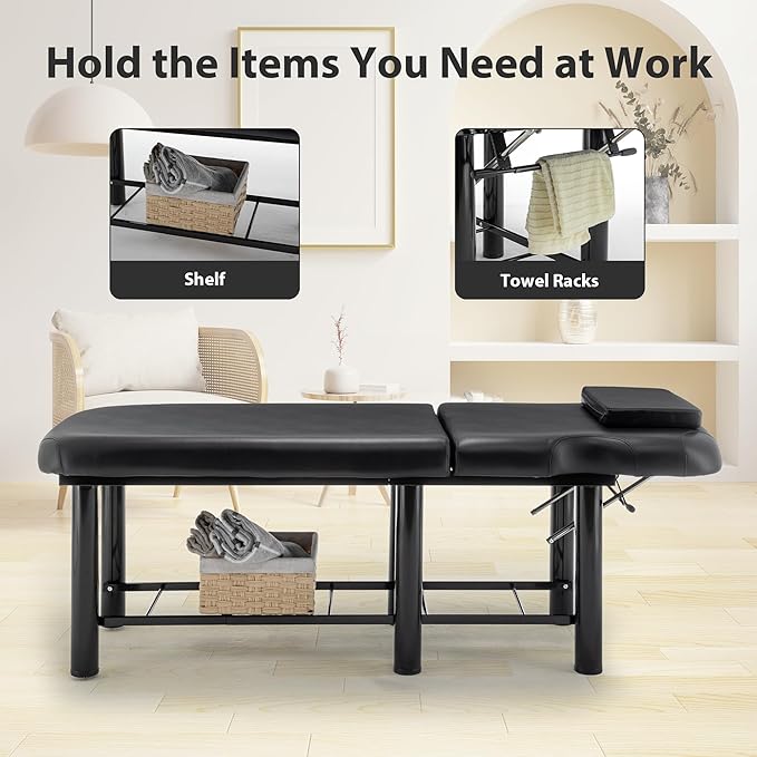 Professional Massage Table with Backrest, Faux Leather Stationary Physical Therapy Table, Metal Frame Barber Beauty Equipment, Removable Headrest Treatment Table Salon Spa Bed, Black