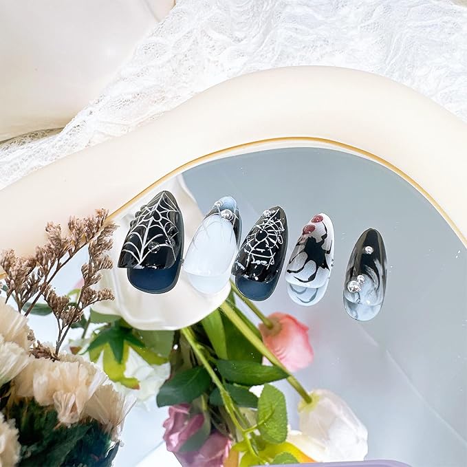 24pcs Halloween Press on Nails Medium Almond Fake Nails with 3D Spider Designs Spider Web False Nails French Tip Acrylic Nail Full Cover Glue on Nails for Women Holiday Nail Decoration