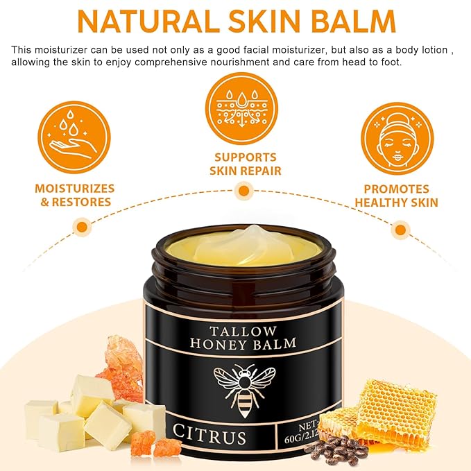 Tallow Honey Balm for Face Organic，Crema Cebo De Res Original，Handmade Tallow and Honey Balm for Face,Body，Sebo De Res Para La Cara，Based Supplies Tallow and Ho ney Bal m for Smooth Skin (2 Bottle)
