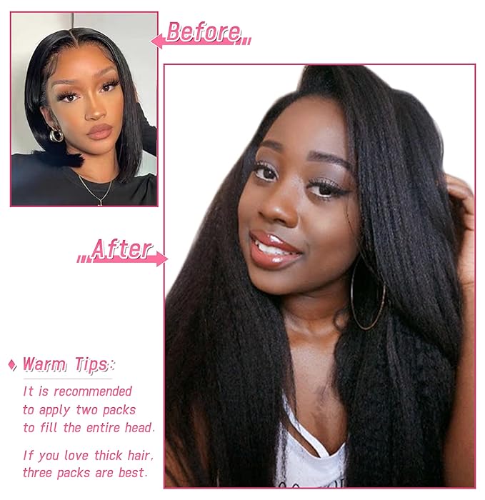 Essent Seamless Kinky Straight Clip in Hair Extensions Real Human Hair 18 Inch 7Pcs 130g Kinky Clip Ins Full Head Brazilian Remy Hair Extensions for Women Natural Black Double Weft Clip In