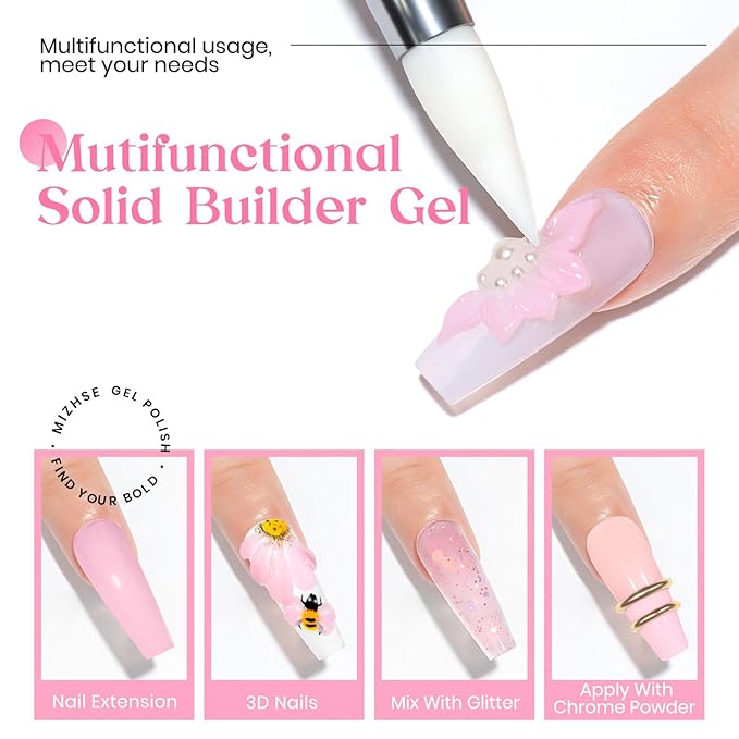 MIZHSE Solid Nail Builder Gel, 2.1 oz 60g Pink Builder Gels for Nails Non-Sticky Solid Builder Extensions Hard Gel with 24pcs Dual Forms and Silicone Pen 3D Art Manicure Set