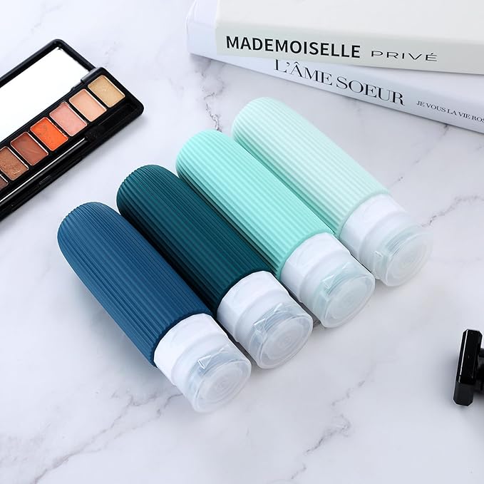 Travel Bottles for Toiletries, Tsa Approved 3oz Portable Travel Bottles, BPA Free Leak Proof Squeezable Silicone Travel Size Containers, Travel Accessories with Clear Toiletry Bag (4 Pack)