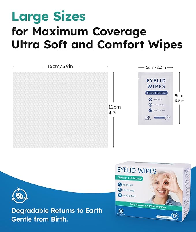 Eyelid Cleansing Wipes for Dry Eye & Blepharitis, Tea Tree Oil Hypoallergenic Eye Wipes for Sensitive Itchy Eyes, Individually Wrapped Eyelid WipesTravel Essentials (30 Count)