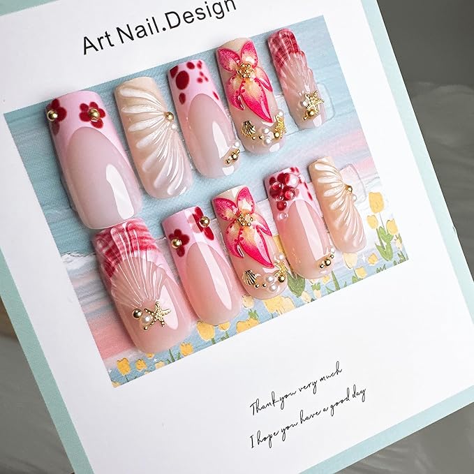 24Pcs Summer Press on Nails Medium Square Fake Nails with Pearl Rhinestones Designs Gold Starfish Seashell Glue on Nails 3D Flower Acrylic Nails Beach False Nails French Tip Stick on Nails for Women