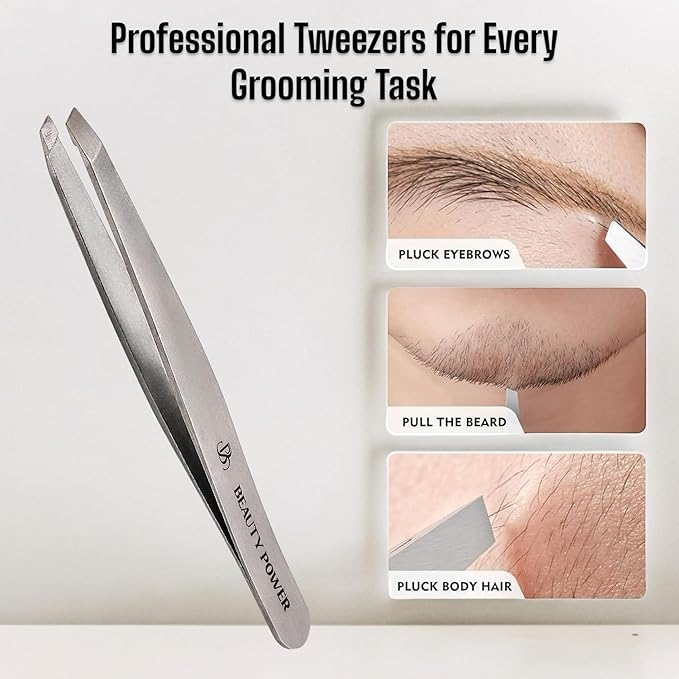 Slant Tip Precision Tweezers - Stainless Steel Eyebrow Tweezers for Women & Men - Precision Tweezers for Facial Hair, Ingrown Hair & Brow Shaping - Professional Beauty Tool (Matte Gray)