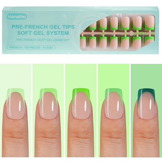 150Pcs French Gel Nail Tips, Vansiho Short Square Nail Tips, Green Pre-French Tips Press on Nails, Soak Off Soft Gel Acrylic Fake Nails for Nail Art DIY 15 Sizes