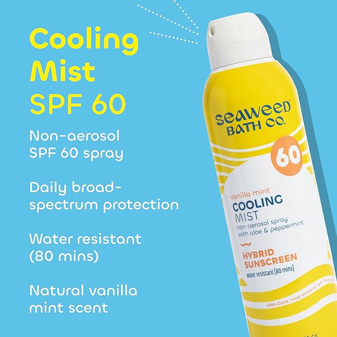 Seaweed Bath Co. Cooling Mist SPF 60 Sport Broad Spectrum Hybrid Sunscreen Spray, 6 Ounce (Pack of 2), Sustainably Harvested Seaweed, Aloe, Peppermint