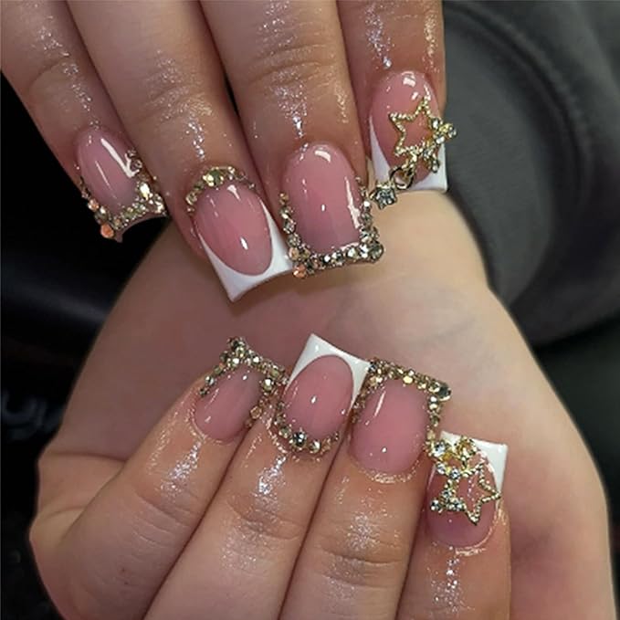 French Tip Press on Nails Short Square Fake Nails with 3D Rhinestone Designs Glossy Pink False Nails Gold Charms Acrylic Nails Press on Artificial Nail Tips Full Cover Glue on Nails for Women 24Pcs