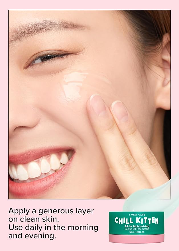 I DEW CARE Heartleaf Face Cream - Chill Kitten | Moisturizer with Moringa Seed, Prickly Pear, Aloe Vera Gel, Cactus Oil-Free, Glass Skin Look, Daily Use, Mother's Day, 1.69 FL Oz