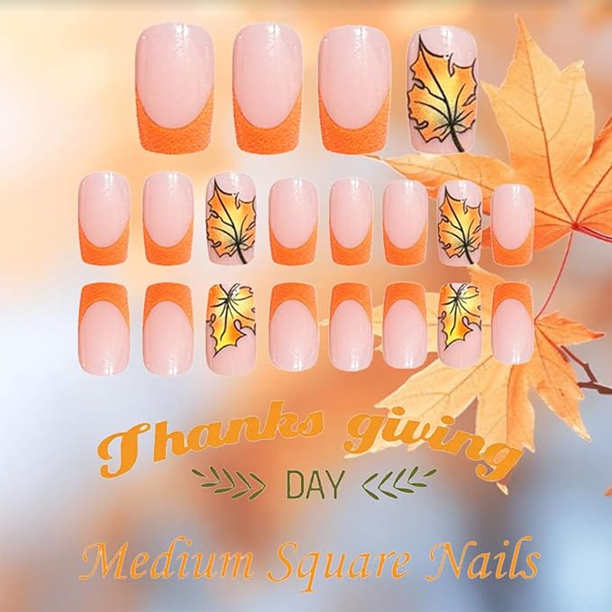 24Pcs Maple Leaf Press on Nails Thanksgiving Medium Square False Nails Fall Leaves Stick on Fingernails Glossy Orange French Tips Acrylic Fake Nail Autumn Gel Glue on Nail for Coquette Women Girls