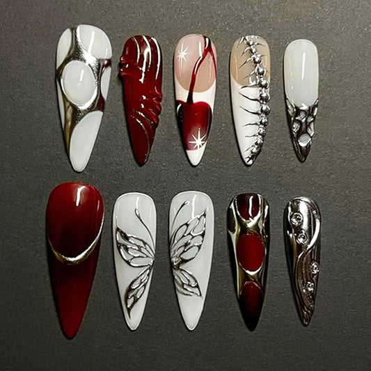 24Pcs Halloween Press on Nails Medium Almond French Tip Fake Nails with Silver Glitter Fishbone Design Red Full Cover Artificial Glue on Nails Gothic False Nails Butterfly Stick on Nail for Women DIY
