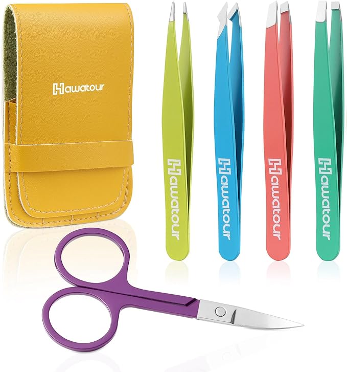 HAWATOUR Tweezers Set, 4Pcs Eyebrows Tweezers & 1Pc Scissor with Leather Case, Great Precision for Ingrown Hair, Facial Hair Removal, Multicolored