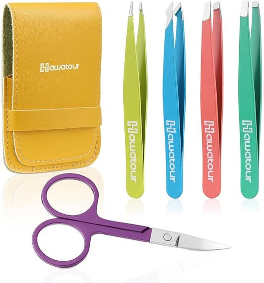 HAWATOUR Tweezers Set, 4Pcs Eyebrows Tweezers & 1Pc Scissor with Leather Case, Great Precision for Ingrown Hair, Facial Hair Removal, Multicolored