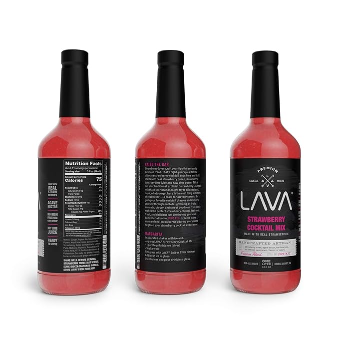 LAVA Premium Strawberry Margarita Mix Strawberry Daiquiri Mix, Made with Real Strawberries, Agave, Key Lime, No Artificial Sweeteners, Lots of Flavor, Ready to Use, 1-Liter (33.8oz) Glass Bottle