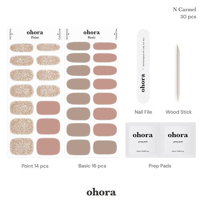 ohora Semi Cured Gel Nail Strips (N Carmel) - Nude, Glitter, Works with Any UV/LED Lamps, Salon-Quality, Long Lasting, Easy to Apply & Remove - Includes 2 Prep Pads, Nail File & Wooden Stick
