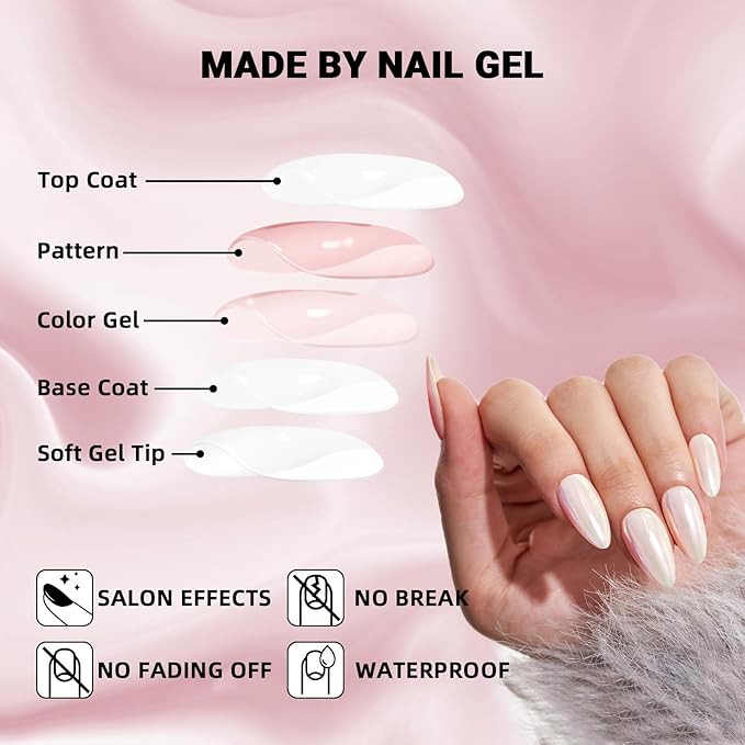 Wooyas Press on Nails Almond, Beige Magic Mirror Effect Fake Nails, White Medium Handmade Reflective Mirror Aurora Nails by Professional Manicurist, 24 Nail Kit with Jelly Glue Pad Daily Office Wear