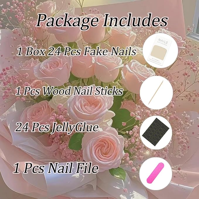 Long Almond Press on Nails French Tip Pink Fake Nails Bow Rhinestones with Strawberry Pattern Design Pearl False Nails Heart Stick on Nail Full Cover Reusable Acrylic Nail Art for Women 24 Pcs