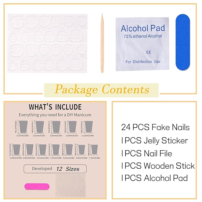 Duck Press on Nails Medium Fake Nails with 3D Flower Butterfly Star Rhinestones DesignsGradient French Tip Nails Press ons Glossy Glue on Nails for Women 24Pcs