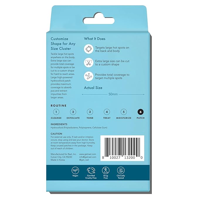 Rael Pimple Patches, Miracle XL Spot Control Cover - Hydrocolloid Acne Patch for Face, Zits & Blemish, Back and Body, Korean Skin Care (8 Count, Pack of 1)