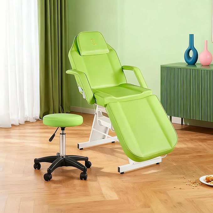 Facial Chair Tattoo Chair Massage Table 73 Inch Spa Salon Facial Bed Adjustable Spa Bed Professional Facial Beauty Spa Salon Equipment with Spa Stool Green