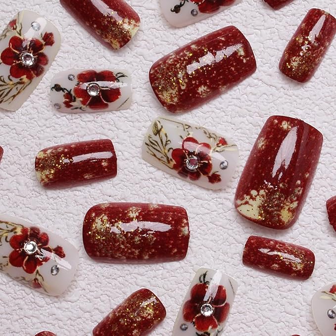 Flower Press on Nails Medium Square Fake Nails Red Floral Rhinestones with Gold Edge Design Coffin False Nails Glitter Stick on Nail Spring Summer Acrylic Glue on Nail for Women Decor Manicure