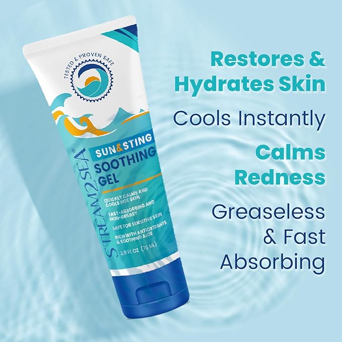 STREAM 2 SEA Sun & Sting Aloe Soothing Gel for Face & Body, Organic Aloe Vera Gel for Sunburn Relief, Travel Size Aloe Vera Gel for Skin, Natural After Sun Care, Pure Aloe After Sun Gel, 2.5 Fl oz