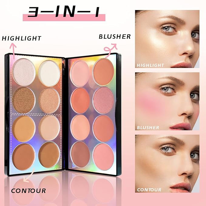 16 Colors Blush Contour Highlighter Makeup Palette, All-in-One Shimmer Silky Matte Mineral Blush Powder Palette, Face Sculpting Bronzer Blusher Illuminator Palette for a Natural Glowing