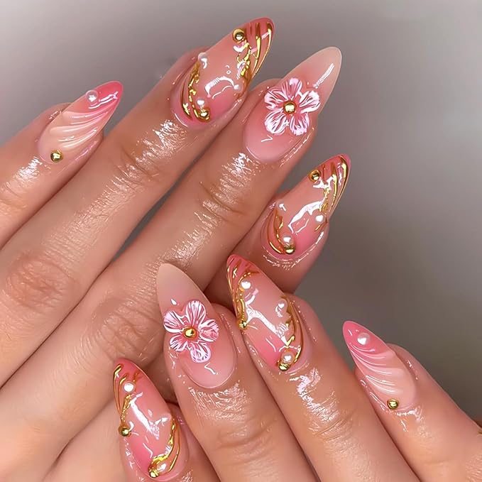 24Pcs Cute Flower Press on Nails Almond Medium Fake Nails with 3D Floral Gold Beads Design Pink False Nail Tips Glossy Glue on Nail Summer Full Cover Acrylic Stick on Nail for Women