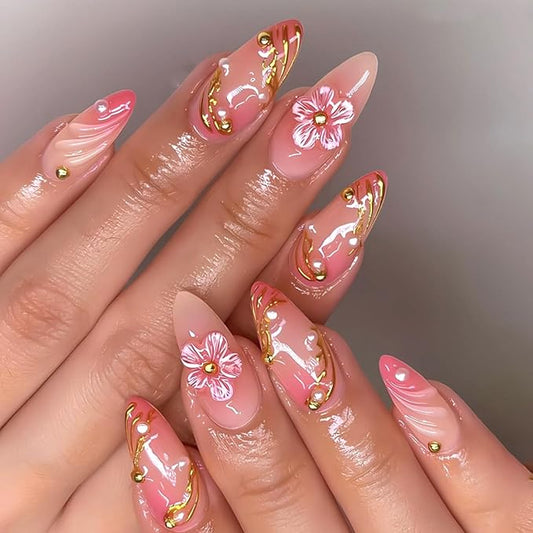24Pcs Cute Flower Press on Nails Almond Medium Fake Nails with 3D Floral Gold Beads Design Pink False Nail Tips Glossy Glue on Nail Summer Full Cover Acrylic Stick on Nail for Women