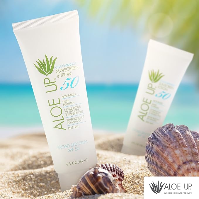 Aloe Up SPF 50 Sunscreen for Sensitive Skin - Broad Spectrum Face and Body Sunblock with Aloe Vera - Reef-Safe, Hydrating Coco-Mango Fragrance, 4 Oz