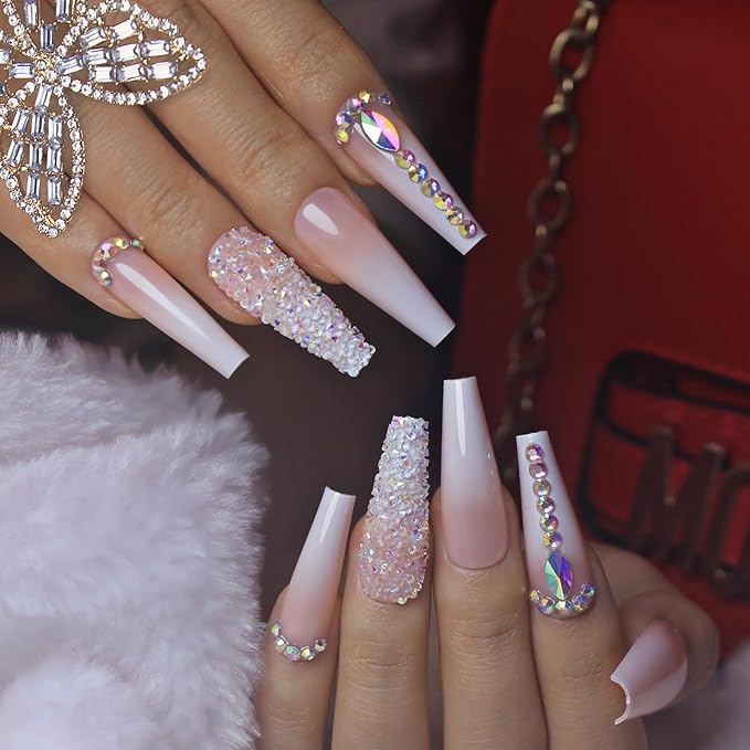 Yivaiks 24 pcs Pink Coffin Press on Nails Long Nails for Women, Glossy Crystal Rhinestone Fake Nails with Nail Glue on Nails,Full Coverage Acrylic Nails（helmsman）