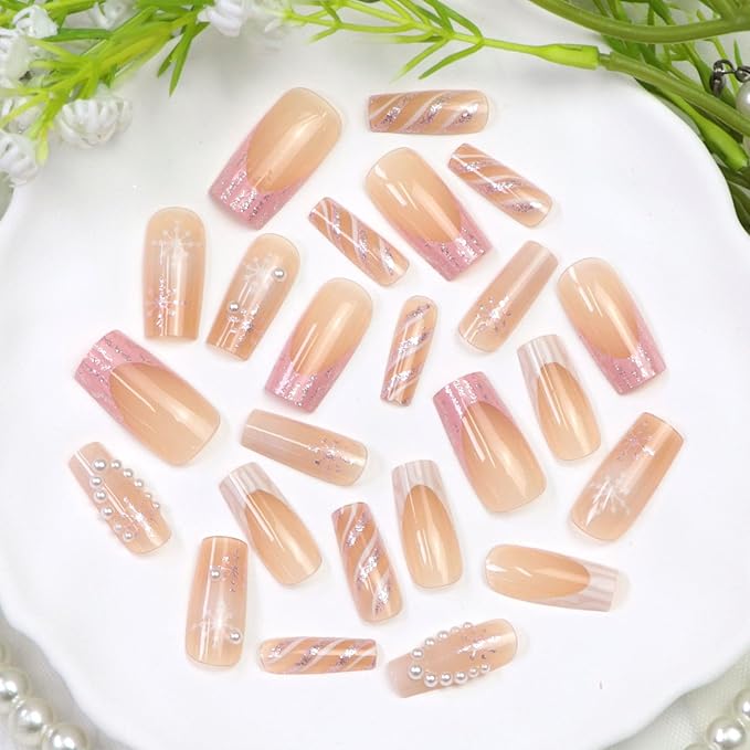 Winter Press on Nails Medium Square Fake Nails Pink White French Tip Nails Press ons with Pearl Snowflake Designs Gradient Nude False Nails for Women 24Pcs
