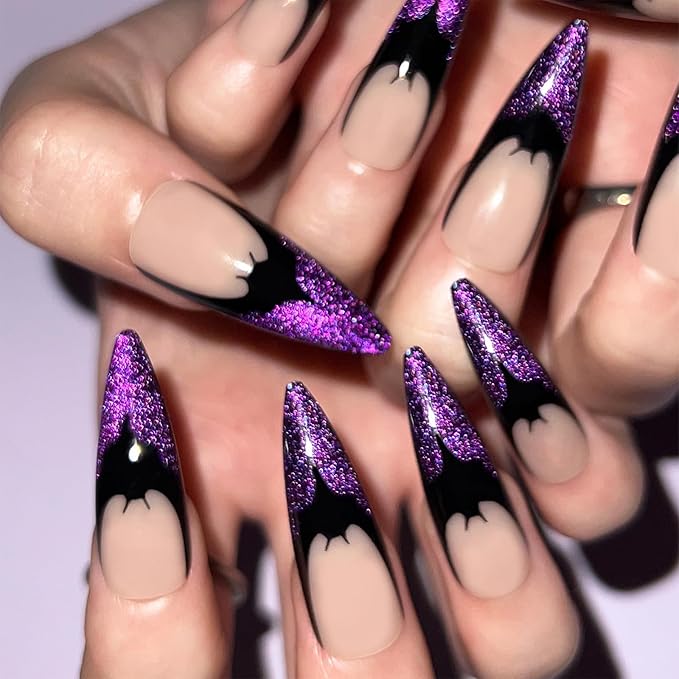 IMRAIN Halloween Press on Nails Long Stiletto Fake Nails Purple Cat Eye French Tips False Nails with Bat Designs Glossy Bling Artficial Glue Stick on Nails for Women 24Pcs