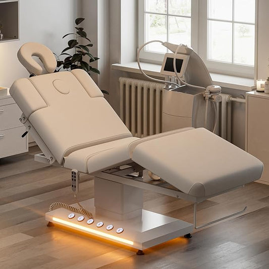 VARONXE Full Electric Massage Table Spa Bed, Professional Facial Bed with Independent Leg Adjustment, Armrests and Cradle, Medical Treatment Chair for Beauty Salon, White