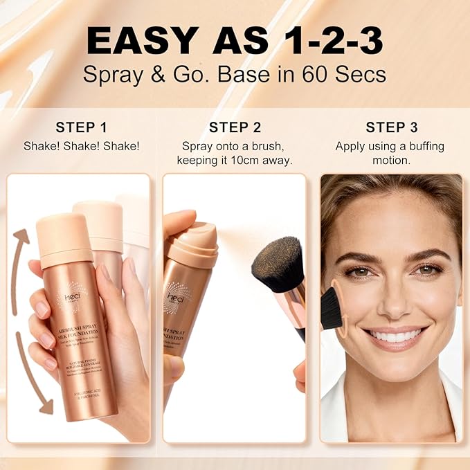 Magic Minerals AirBrush Foundation with Nanoscale Powder - HECI BEAUTY Flawless Finish Makeup,Silk Airbrush Spray & Kabuki Brush - Anti-Aging Ingredients for Smooth Radiant Skin,Light Meuium Sand