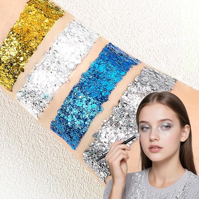 Badhare Dazzling Body Face Hair Glitter Gel 4Pack, Waterproof Sparkle for Parties, Festivals & Cosplay, Long Lasting Shimmer Makeup for Eye Shadow, Freckles & Skin, Easy Wash Off