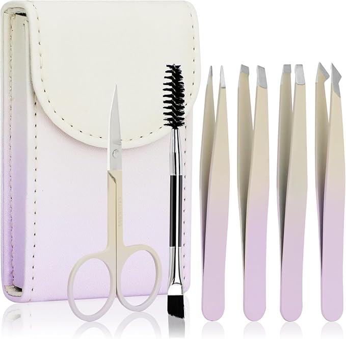 6 PCS Tweezers Set for Women, Eyebrow Tweezers Set with Curved Scissor for Ingrown Hair, Plucking Daily Beauty Tool with Leather Travel Case for Gifts (Gradient Purple)