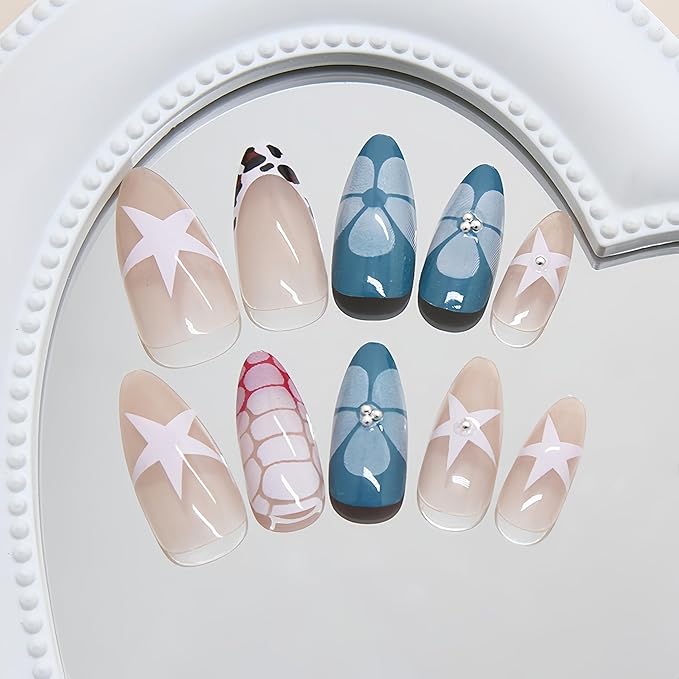 24Pcs French Press on Nails Almond Medium Fake Nails with Star Designs Brown Leopard Stick on Nails Flower Acrylic Nails Turtle Pattern Pattern Nails Glossy Glue on Nails Stick on Nail for Women