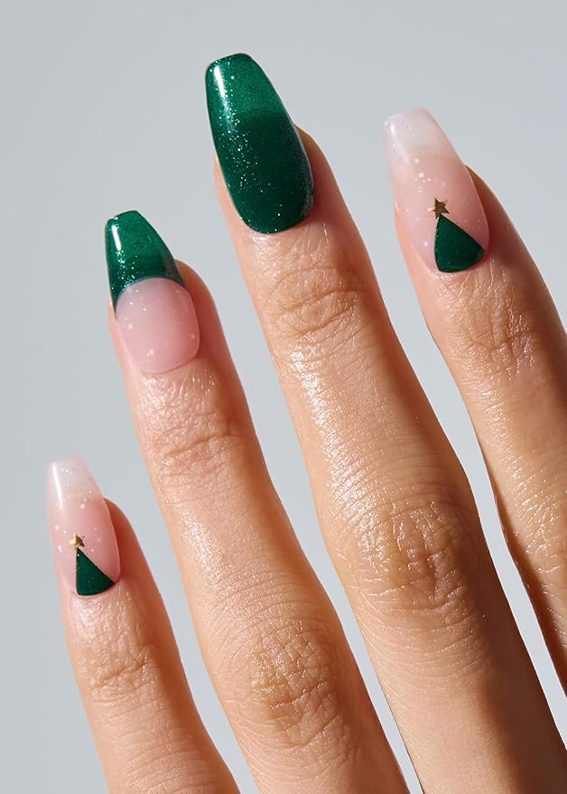 ohora Semi Cured Gel Nail Strips (N Holiday Pine) - Works with Any Lamps, Salon-Quality, Long Lasting, Easy to Apply & Remove - Includes 2 Prep Pads, Nail File & Wooden Stick