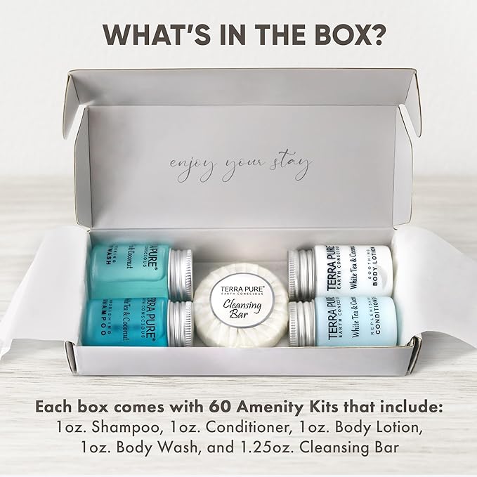 Terra Pure White Tea & Coconut Amenity Kit | Hotel Bulk Toiletries | 1 oz Shampoo, Conditioner, Lotion, Body Wash, Cleansing Bar for Guest Hospitality Vacation Rentals | 60 Sets/Case